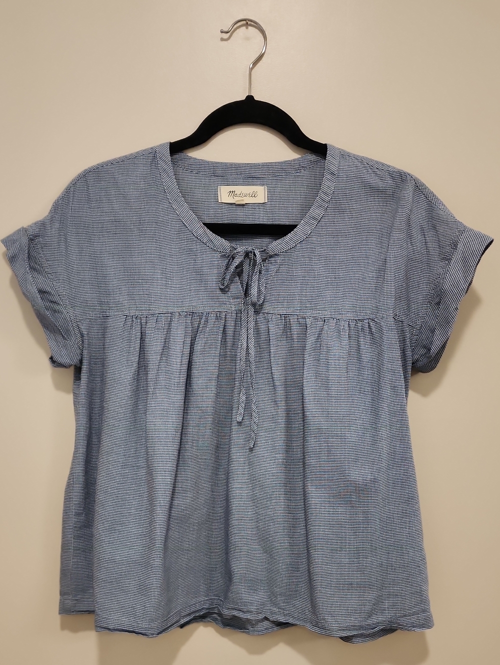 Madewell Mini Gingham Check Tie Front Popover Blouse Top Navy White size Small